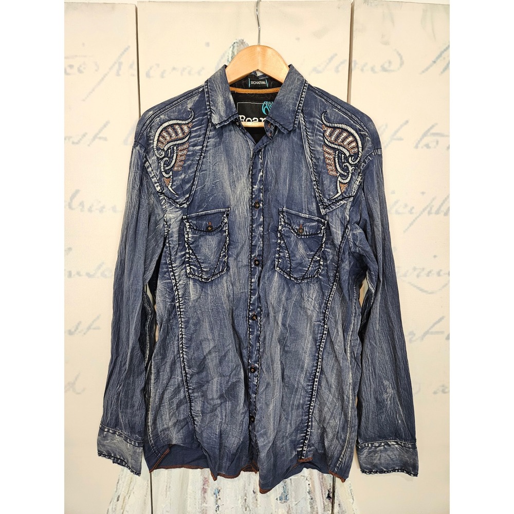 Roar Mens XL Blue Distressed Tribal Embroidered Western Shirt